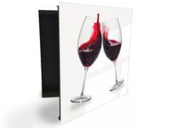 Glasdekor skříňka na klíče - dvě sklenice červeného vína na bílém - Otevírání: Levé, Barva skříňky: Bílá