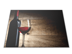 Glasdekor Skleněné prkénko sklenice a láhev červené víno u dřeva - Prkénko: 40x30cm