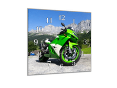 Glasdekor Nástěnné hodiny zelená motorka 30x30cm - Materiál: kalené sklo