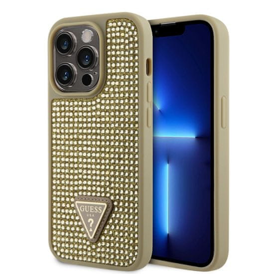 Guess  Rhinestones Triangle Metal Logo Kryt pro iPhone 15 Pro Gold