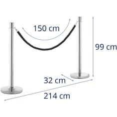 Greatstore Stříbrný hotelový plotový sloupek s černým lanem 150 cm - 2 ks.