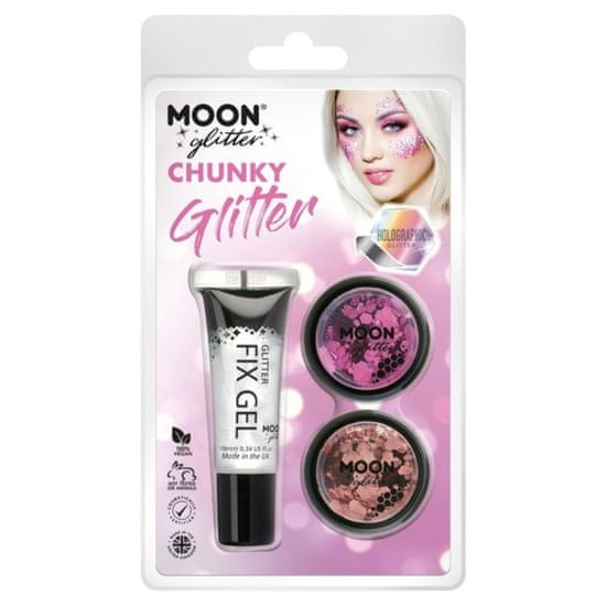 Smiffys SET TŘPYTEK Chunky Glitter holografické růžové a Rose Gold + fixační gel