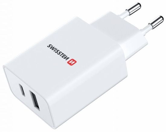 SWISSTEN Síťový Adaptér GaN 1x USB-C + 1x USB 30W PD Bilý