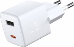 SWISSTEN Swissten Síťový Adaptér GaN 1x USB-C + 1xUSB 30W PD mini 3x3x3 cm Bilý