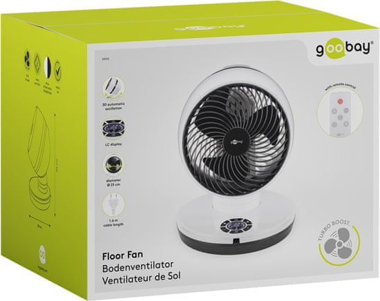 Podlahový ventilátor 9" 70W 3D oscilační. H/V Goobay