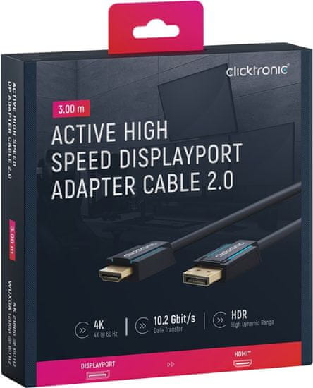 Kabel CLICKTRONIC DisplayPort DP - HDMI 2.0 4K 3 m