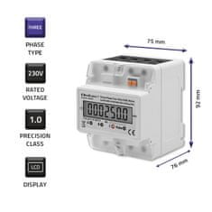 Qoltec Třífázový elektronický elektroměr | Měřič spotřeby energie na lištu DIN | 230V | LCD | 4P