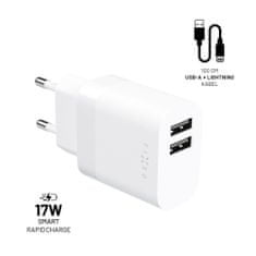 FIXED Set síťové nabíječky s 2xUSB výstupem a USB/Lightning kabelu, 1 metr, MFI, 17W Smart Rapid Charge, bílá