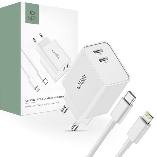 Tech-protect C35W síťová nabíječka 2x USB-C 35W + kabel USB-C / Lightning, bíla