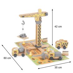 Mamabrum Dřevěné staveniště s velkým mobilním jeřábem a vozidly, věžový jeřáb