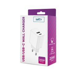 setty. síťová nabíječka 1x USB + USB-C 3A 20W bílá (GSM106083)