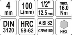 YATO Nástavec prodloužený 1/2" bit Imbus H4