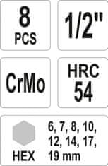 YATO Sada nástavců 1/2" rázové 8 ks H6-H19 imbus CrMo