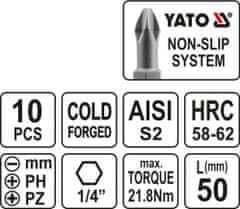 YATO Sada bitů 1/4" 50 mm NON-SLIP 10 ks