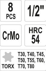 YATO Sada nástavců 1/2" rázové 8 ks T30-T80 torx CrMo