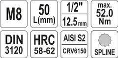 YATO Nástavec 1/2" bit vícezubý M8 55 mm