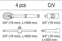 YATO Vložka do zásuvky - sada ráčen a nástavců, 3/4", 4ks