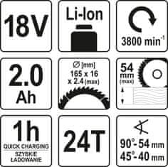 YATO Pila kotoučová AKU 18V pr. 165mm 3800ot. 2AH