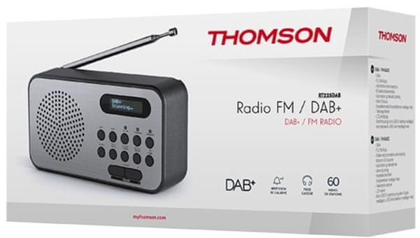 radiopřijímač thomson RT225DAB vestavěný reproduktor dab plus fm tuner přední lcd dipslej teleskopická anténa automatické ladění provoz i na baterie