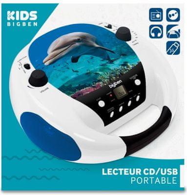 radiomagnetofon bigben CD52DOLPHINMP3USB vestavěný reproduktor cd mechanika fm tuner přední led displej usb přehrávání mp3 provoz i na baterie