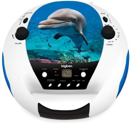 rádiomagnetofón bigben CD52DOLPHINMP3USB vstavaný reproduktor cd mechanika fm tuner predný ľad displej usb prehrávanie mp3 prevádzka aj na batérie