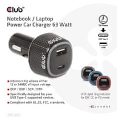 Club 3D Auto nabíječka pro Notebooky 63W, 2 porty CAC-1922 (USB-A + USB-C)