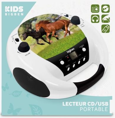 radiomagnetofon bigben CD52HORSE5MP3USB vestavěný reproduktor cd mechanika fm tuner přední led displej usb přehrávání mp3 provoz i na baterie