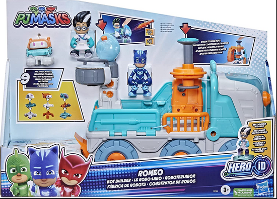 PJ Masks Hračka PJ Masks pro stavitele robotů Romeo, předškolní hračka, vozidlo 2 v 1 Romeo a továrna na roboty pro děti od 3 let.