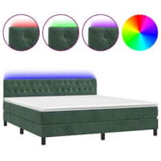 Greatstore Box spring postel s matrací a LED tmavě zelená 160x200 cm samet