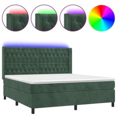 Greatstore Box spring postel s matrací a LED tmavě zelená 160x200 cm samet