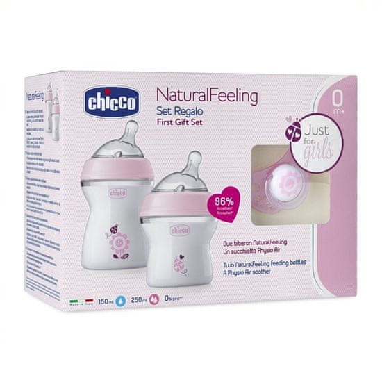 NaturalFeeling sada na krmení láhev 150ml 0m+ + láhev 250ml 2m+ + dudlík PhysioForma Comfort 0m+ růžová