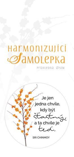 Harmonizující samolepka průhledná "Je jen jedna chvíle, kdy být šťastný a ta chvíle je teď." průměr 5 cm