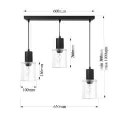 LIGHT FOR HOME Závěsné Svítidlo s 3 Skleněnýmii Stínidly na Liště a Variabilní Výškou Kabelů 60603 "ROBERTO", 3x60W, E27, Černá