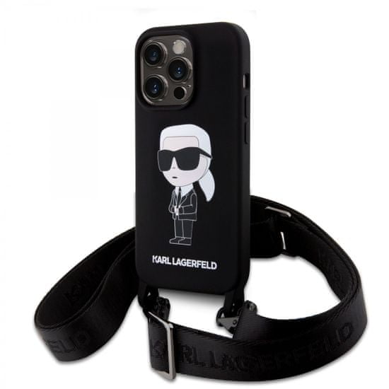 Karl Lagerfeld  Liquid Silicone Crossbody Ikonik Zadní Kryt pro iPhone 15 Pro Max Black