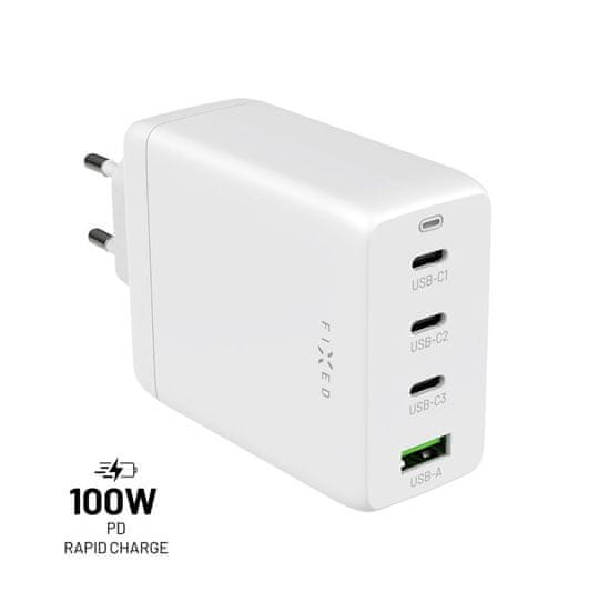 FIXED Síťová GaN nabíječka s 3xUSB-C a USB výstupem, podpora PD 3.0, 100W, bílá