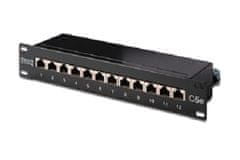 Digitus CAT 5e, patch panel třídy D, stíněný, 12 portů RJ45 8P8C, LSA, 1U, 254 mm (10 "), montáž do stojanu, černá