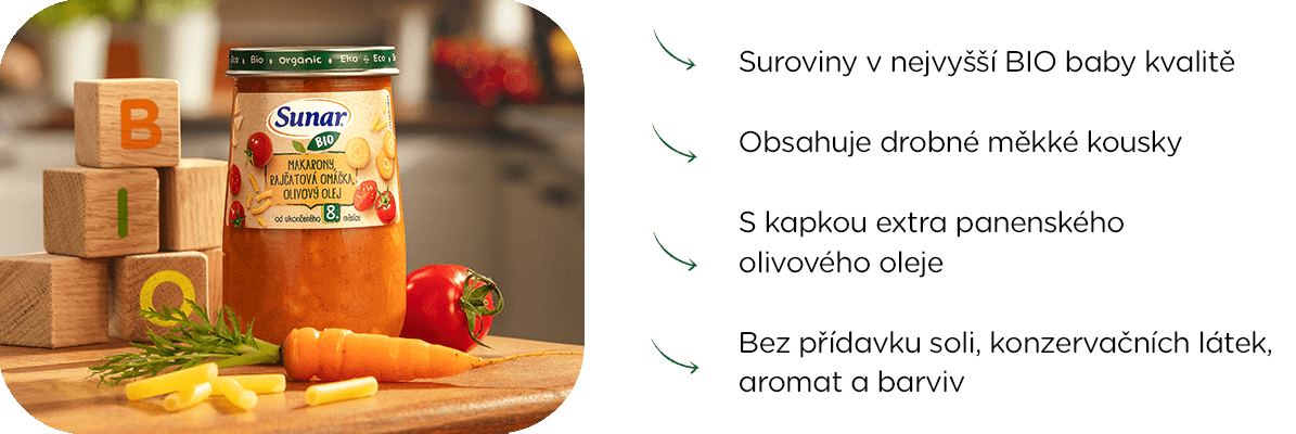 Sunar BIO vegetariánský příkrm Zelenina, celozrnné těstoviny, olivový olej 6 x 190 g