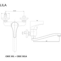 Mereo Lila dřezová baterie nástěnná 100 mm s ramínkem plochým vyhnutým 210 mm CBEE301A - Mereo