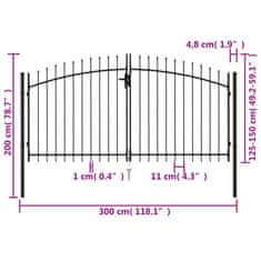 Vidaxl Dvoukřídlá zahradní brána s hroty ocelová 3 x 1,5 m černá