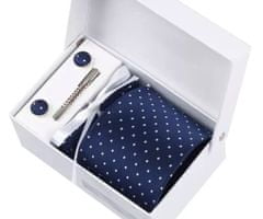 Daklos Luxusní set tmavě modrá s puntíky - Kravata, kapesníček do saka, manžetové knoflíčky, kravatová spona v dárkovém balení