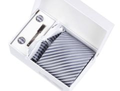 Daklos Luxusní set světle šedé a stříbrné proužky - Kravata, kapesníček do saka, manžetové knoflíčky, kravatová spona v dárkovém balení