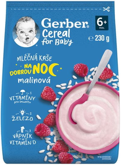 Gerber Cereal mléčná kaše malinová Dobrou noc 230 g