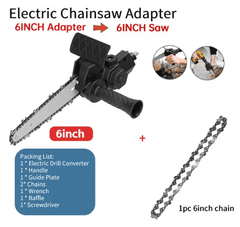 4/6" elektrická pila a vrtačka v 1, Adaptér pro elektrickou řetězovou pilu a vrtačku v balení, Elektrická pila a vrtačka s akumulátorem