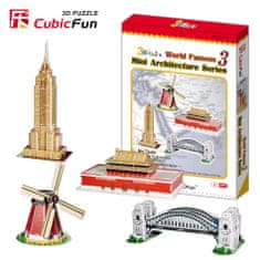 CubicFun Set 3 - 4 památky (Most v Sydney, Empire State Building, Brána nebeského klidu, Holandský mlýn), 61 dílků