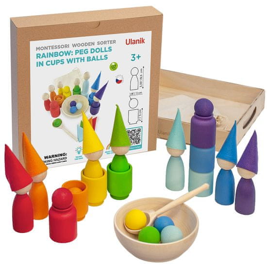 Ulanik Montessori dřevěná hračka „ Rainbow: Peg Dolls in Cups with Hats and Balls‟ 2 verze