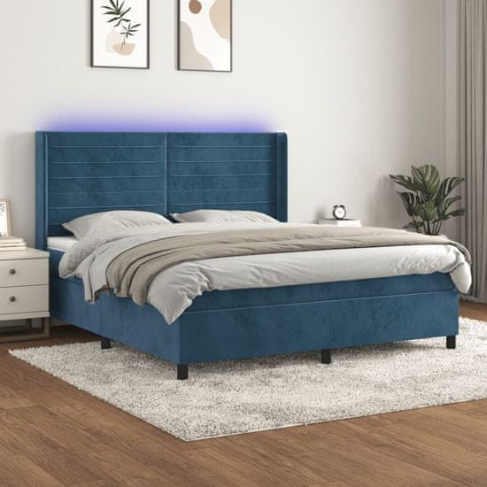 Greatstore Box spring postel s matrací a LED tmavě modrá 180x200 cm samet