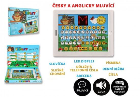 Teddies Naučný tablet moudré sovy dvojjazyčný CZ+AJ plast 24x19x2cm na baterie se zvukem v krabici 32x23x3cm