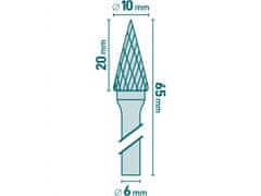 Extol Industrial Fréza karbidová, konická-jehlan, pr.10x20mm/stopka 6mm,sek střední (double-cut)