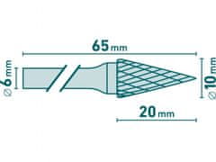 Extol Industrial Fréza karbidová, konická-jehlan, pr.10x20mm/stopka 6mm,sek střední (double-cut)