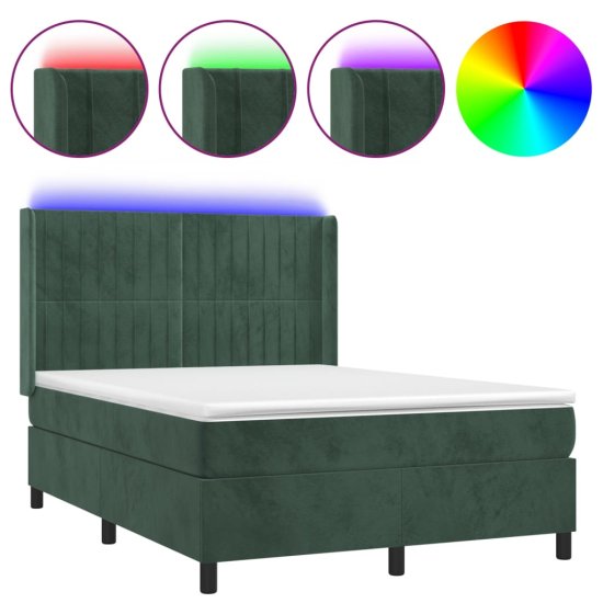 Vidaxl Box spring postel s matrací a LED tmavě zelená 140x190 cm samet